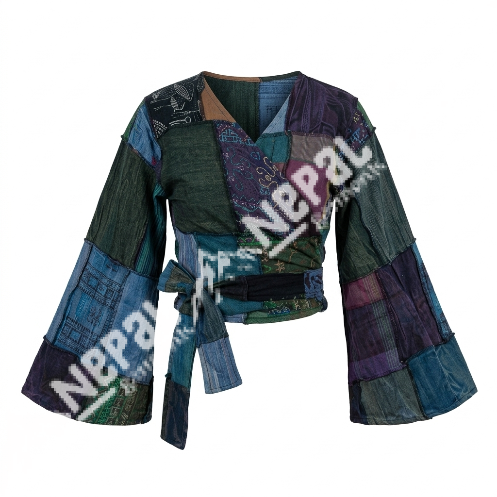 Blue Patchwork Wrap Top