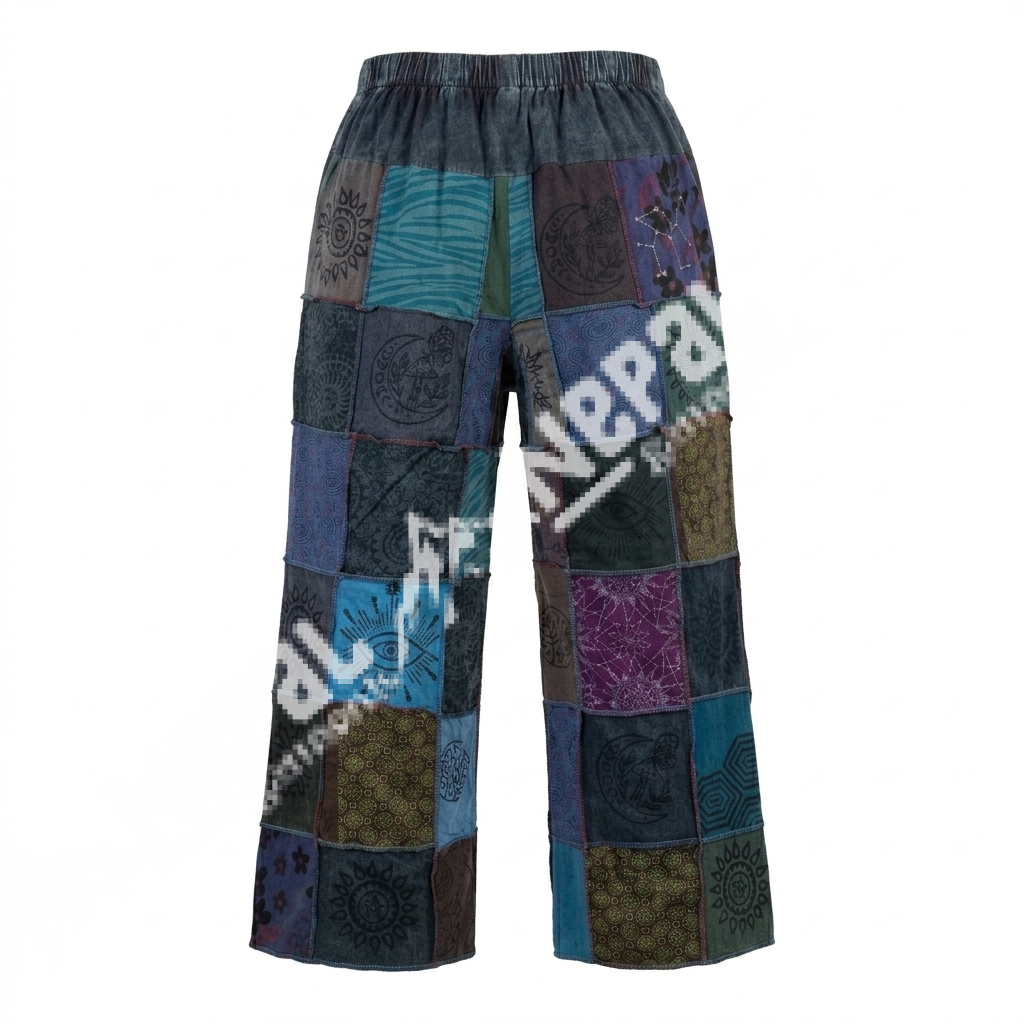 Patchwork Printed Wide Leg Cotton Trouser – Handmade in Nepal | Boho Trousers